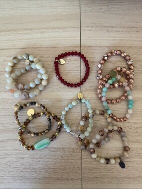 Stackable Mixed Beaded Bracelet Set in Mint, Red and Rose Gold Tones